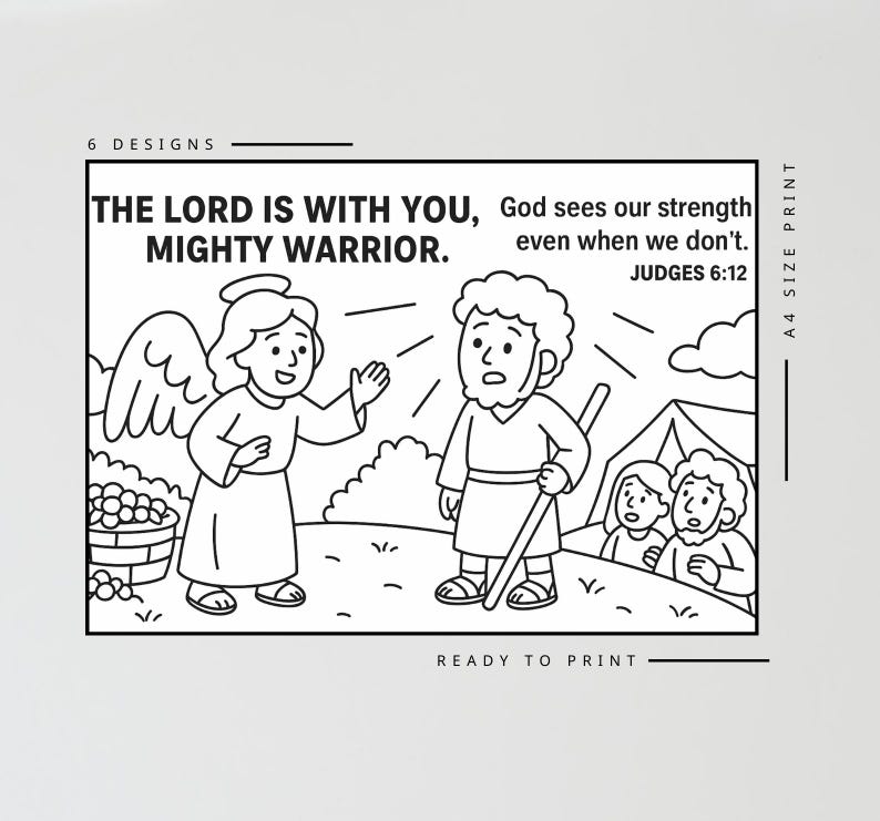 Peut inclure: Illustration en noir et blanc avec le texte : "LE SEIGNEUR EST AVEC VOUS, PUISSANT GUERRIER. Dieu voit notre force m&ecirc;me quand nous ne le faisons pas. JUGES 6:12." Repr&eacute;sente un ange, un homme avec un b&acirc;ton et un groupe de personnes pr&egrave;s d'une tente. Pr&ecirc;t &agrave; imprimer.