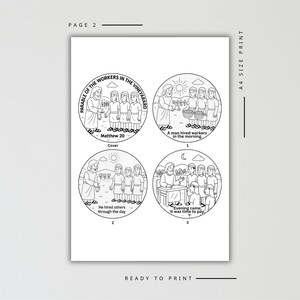 May include: A black and white illustration of four circular panels depicting scenes from the Parable of the Workers in the Vineyard. Each panel contains text and drawings of people. The text includes "Matthew 20" and "Ready to Print."