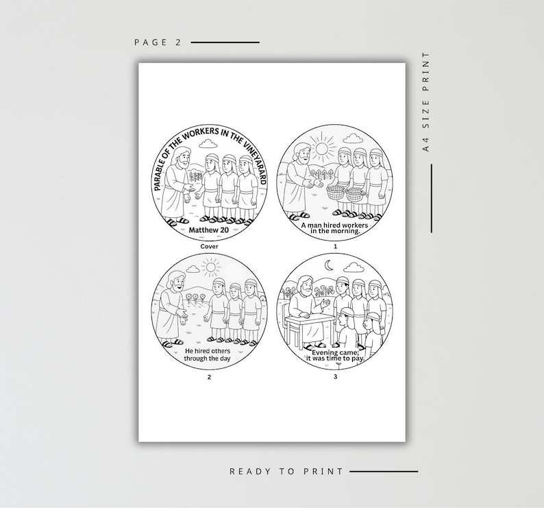 May include: A black and white illustration of four circular panels depicting scenes from the Parable of the Workers in the Vineyard. Each panel contains text and drawings of people. The text includes "Matthew 20" and "Ready to Print."