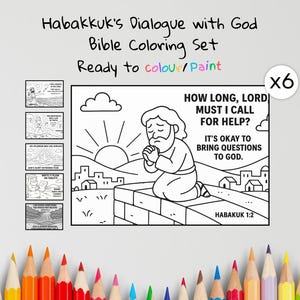 Puede incluir: Un juego de colorear bíblico titulado "Diálogo de Habacuc con Dios". El juego incluye una página para colorear grande con una figura arrodillada y el texto "¿Hasta cuándo, Señor, he de clamar?" y "Está bien hacer preguntas a Dios".