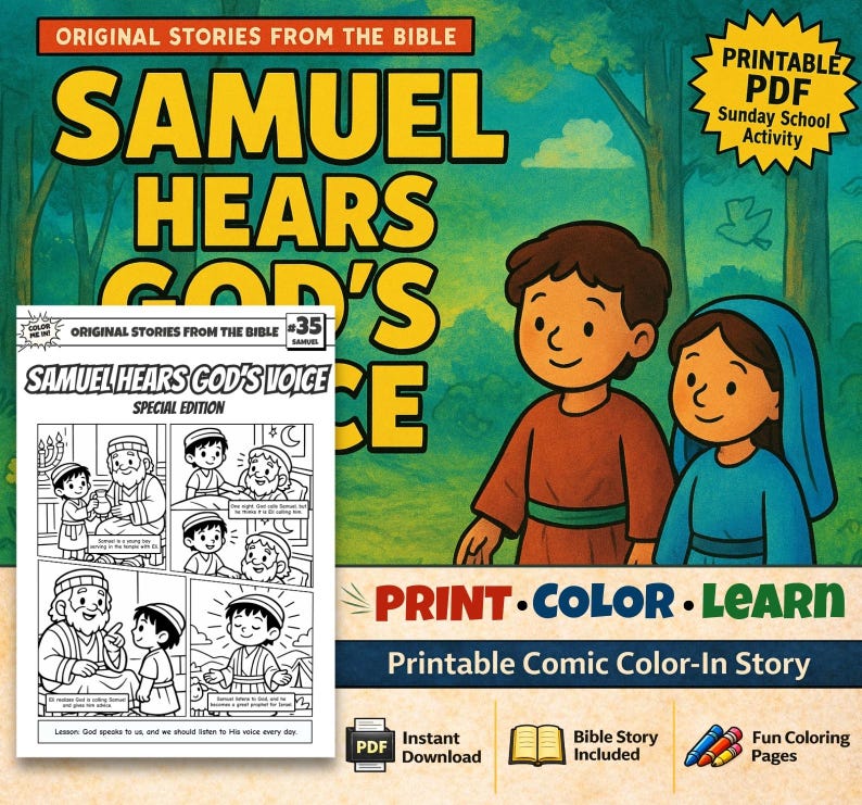 Samuel Hears God’s Voice Bible Comic Colouring Page: listing photo
