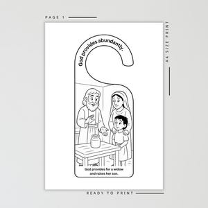 Op de afbeelding: Zwart-wit illustratie van een deurhanger met een bijbelse sc&egrave;ne. De tekst "God voorziet overvloedig" staat bovenaan. De afbeelding toont een man, een vrouw en een kind. De tekst "God zorgt voor een weduwe en wekt haar zoon op" staat onderaan.