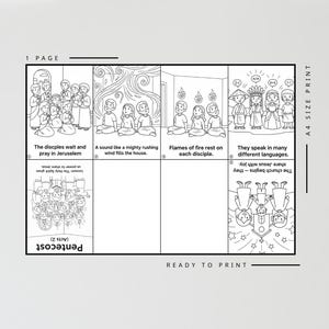 May include: Black and white printable colouring page with illustrations depicting scenes from the Bible, including the Pentecost story. Text includes "Pentecost (Acts 2)" and "Ready to Print."