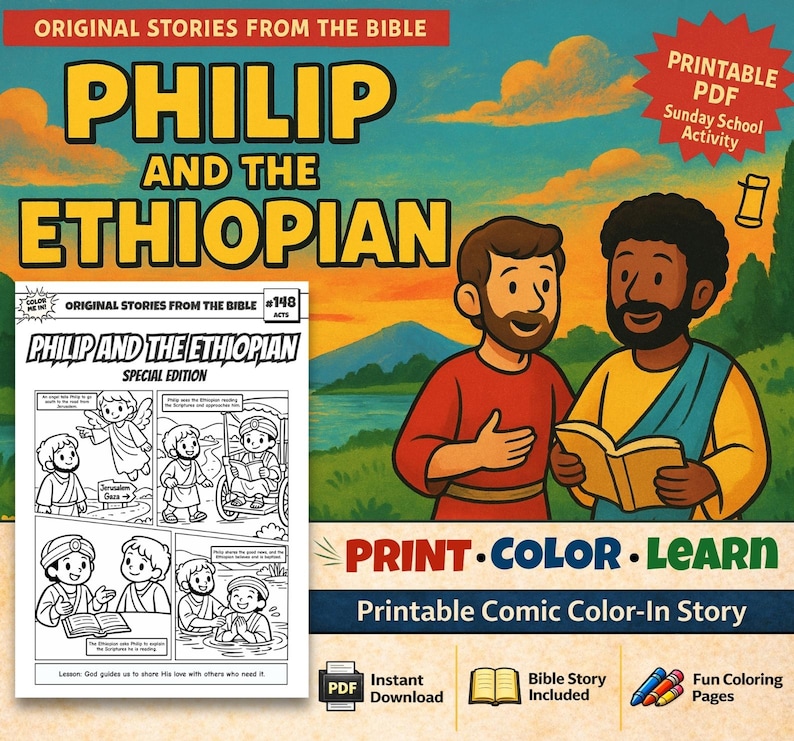 Philip and the Ethiopian Bible Comic Colouring Page: listing photo