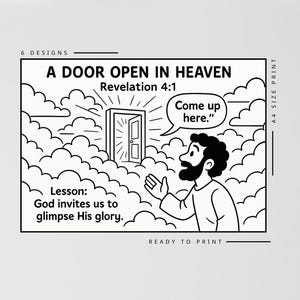 Puede incluir: Ilustraci&oacute;n en blanco y negro con el texto "A DOOR OPEN IN HEAVEN" y "Revelation 4:1". Un personaje de dibujos animados se&ntilde;ala una puerta abierta en las nubes, con las palabras "Come up here." La lecci&oacute;n es "Dios nos invita a vislumbrar Su gloria."