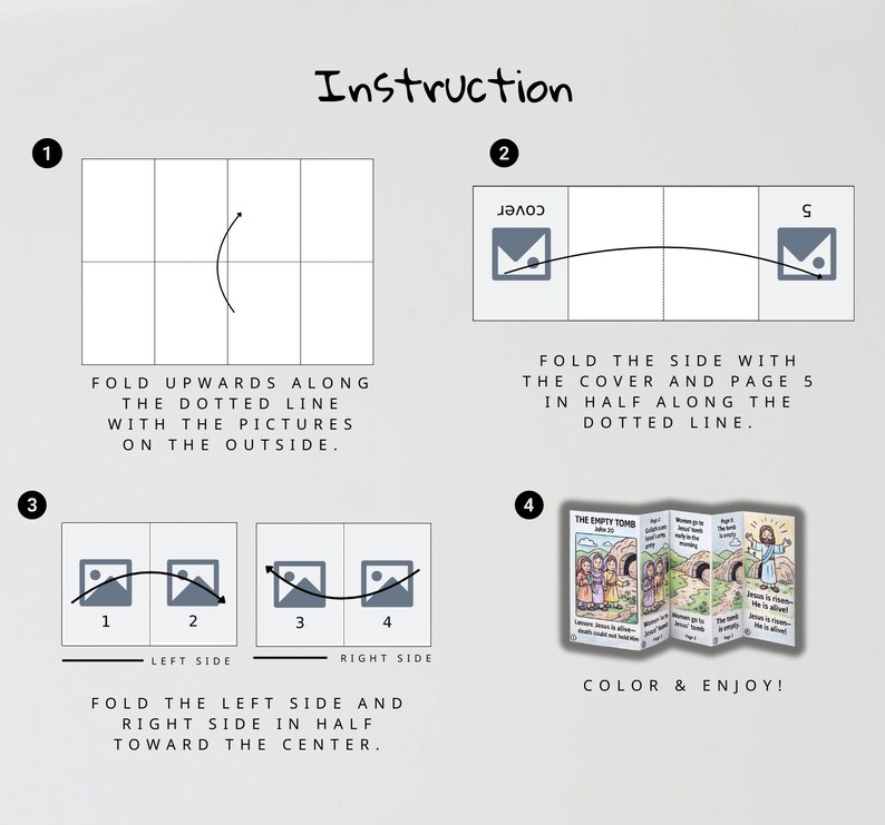 May include: Instructional diagram for a folded paper craft. The image shows numbered steps with text instructions and illustrations. The final step displays a colorful, folded booklet with the text "The Empty Tomb".
