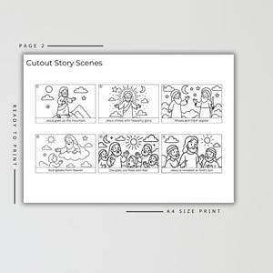 May include: A black and white print featuring six cutout story scenes. The scenes depict biblical events, including Jesus on a mountain, shining with glory, and appearing with Moses and Elijah. Text includes "Cutout Story Scenes" and "A4 SIZE PRINT."