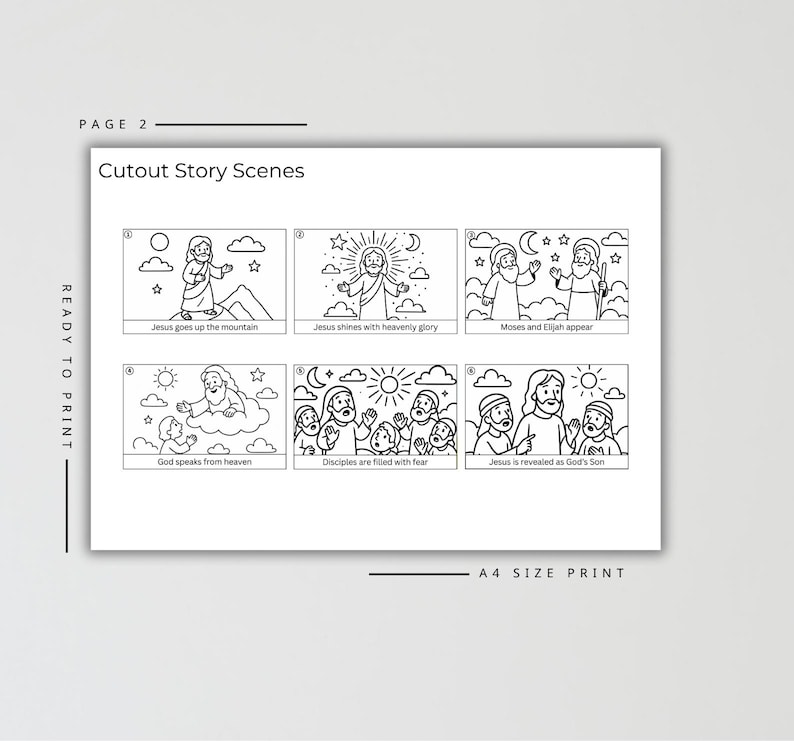 May include: A black and white print featuring six cutout story scenes. The scenes depict biblical events, including Jesus on a mountain, shining with glory, and appearing with Moses and Elijah. Text includes "Cutout Story Scenes" and "A4 SIZE PRINT."