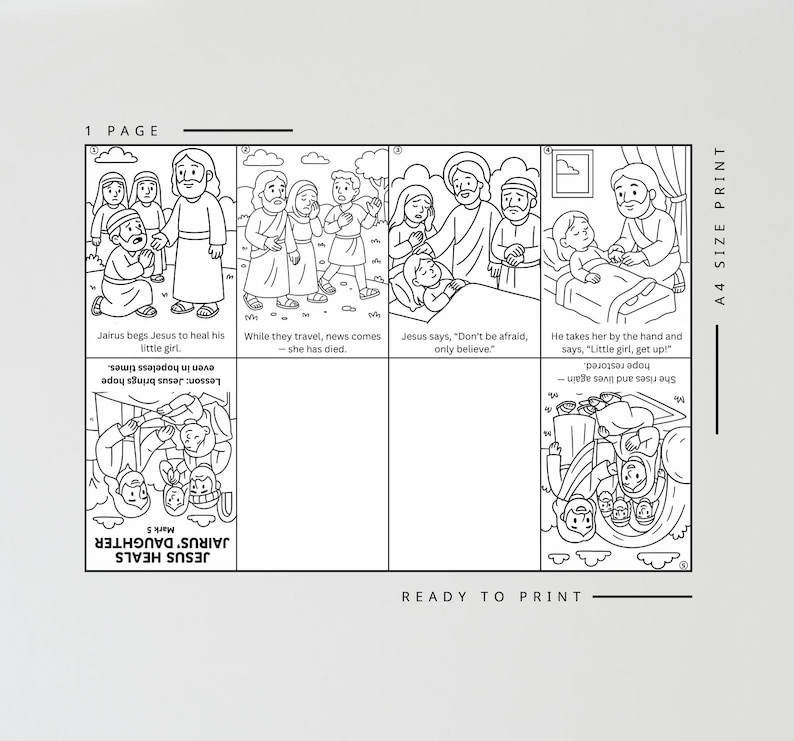 May include: Black and white line art of a children's Bible story, featuring Jesus healing a girl. The text includes phrases like "Jesus heals Jairus' daughter" and "Ready to print."