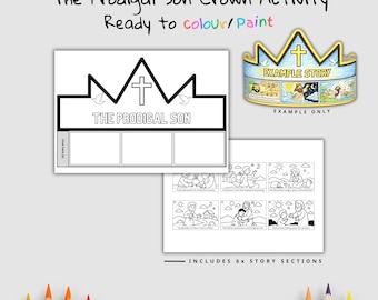 Puede incluir: Un juego de actividades de la Corona del Hijo Pródigo en blanco y negro, listo para colorear o pintar. Incluye una plantilla de corona con el texto "THE PRODIGAL SON", una corona de ejemplo y seis secciones de la historia.
