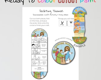 May include: A downloadable craft activity titled "Doubting Thomas" with instructions to cut, fold, and glue. The image includes a story wheel example, a circular illustration, and the text "Ready to colour CUTOUT Paint."