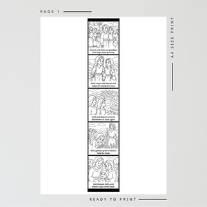 May include: Black and white illustrated comic strip depicting scenes from a story. The strip includes text and images of people, including a journey, arriving in a town, and gathering food. The words "PAGE 1" and "READY TO PRINT" are also visible.