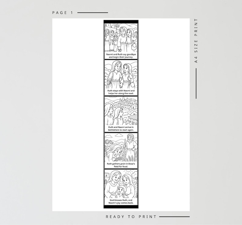 May include: Black and white illustrated comic strip depicting scenes from a story. The strip includes text and images of people, including a journey, arriving in a town, and gathering food. The words "PAGE 1" and "READY TO PRINT" are also visible.