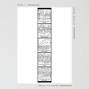 Puede incluir: Impresi&oacute;n ilustrada en blanco y negro que representa una historia b&iacute;blica. La impresi&oacute;n incluye texto e ilustraciones de personas, trompetas y una ciudad. El texto dice "Josu&eacute; condujo al pueblo de Dios a Jeric&oacute;" y "Los muros cayeron, y Dios les dio la victoria."