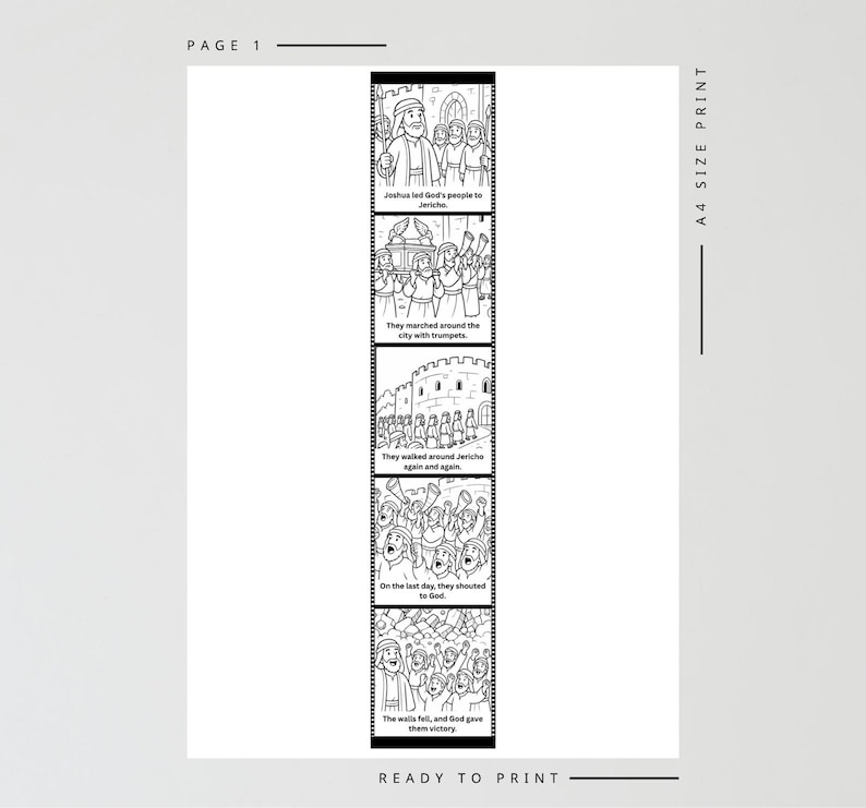 Puede incluir: Impresi&oacute;n ilustrada en blanco y negro que representa una historia b&iacute;blica. La impresi&oacute;n incluye texto e ilustraciones de personas, trompetas y una ciudad. El texto dice "Josu&eacute; condujo al pueblo de Dios a Jeric&oacute;" y "Los muros cayeron, y Dios les dio la victoria."