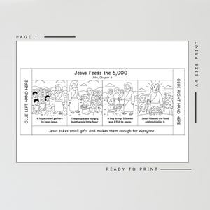 K&ouml;nnte beinhalten: Schwarz-Wei&szlig;-Illustration von Jesus, der die 5.000 speist. Das Bild ist in vier Panels unterteilt, die die Ereignisse beschreiben. Der Text enth&auml;lt "Jesus speist die 5.000" und "Druckfertig".