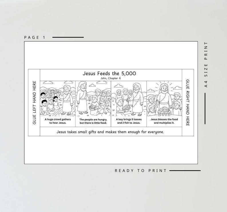 K&ouml;nnte beinhalten: Schwarz-Wei&szlig;-Illustration von Jesus, der die 5.000 speist. Das Bild ist in vier Panels unterteilt, die die Ereignisse beschreiben. Der Text enth&auml;lt "Jesus speist die 5.000" und "Druckfertig".