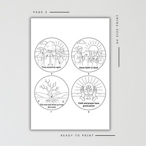 May include: A black and white printable page with four circular illustrations. Each illustration depicts a scene with text: "They passed by again," "Have faith in God," "The tree had dried up from the roots," and "Faith and prayer have great power."