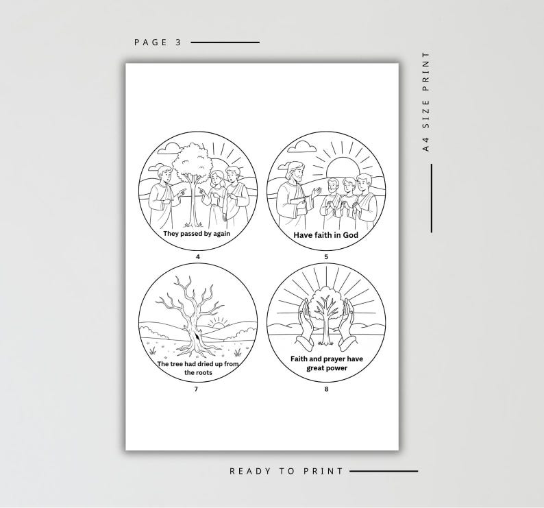 May include: A black and white printable page with four circular illustrations. Each illustration depicts a scene with text: "They passed by again," "Have faith in God," "The tree had dried up from the roots," and "Faith and prayer have great power."