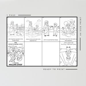 May include: Black and white line art illustration of a Bible story, depicting Jesus' baptism. The image includes text that reads "Jesus Baptism Matthew 3" and "Ready to Print". The illustration is divided into panels.