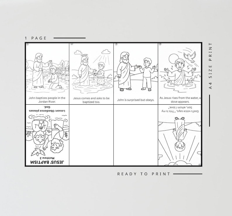 May include: Black and white line art illustration of a Bible story, depicting Jesus' baptism. The image includes text that reads "Jesus Baptism Matthew 3" and "Ready to Print". The illustration is divided into panels.