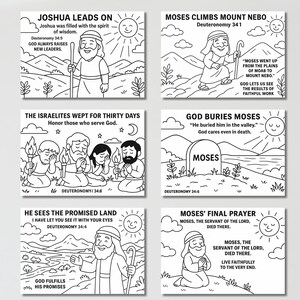 May include: Six black and white illustrations depicting biblical scenes. Each image features a cartoon-style drawing with text from Deuteronomy. Scenes include Joshua leading, Moses climbing, Israelites weeping, and Moses' final prayer.