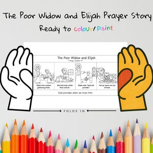 May include: A black and white illustrated story titled "The Poor Widow and Elijah" with the text "Ready to colour/paint." The story is divided into panels with text and illustrations. A row of colored pencils is at the bottom.
