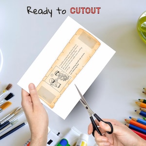 May include: A white paper bookmark with a scroll design and text, being cut out with scissors. The bookmark features a black and white illustration and the words "Ready to CUTOUT". The text on the bookmark reads "A wealthy young man asks Jesus how to gain eternal life. Jesus challenges him to give up his riches and follow Him. Saddened, the man walks away unwilling to let go. Lesson: Nothing should take priority over following God."