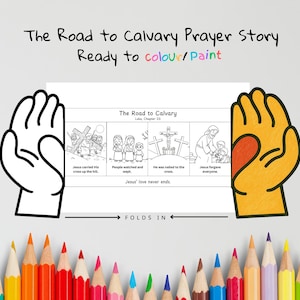 Op de afbeelding: Een kleurplaat met de titel "The Road to Calvary" met illustraties die scènes uit het bijbelse verhaal uitbeelden. De tekst "Ready to colour/Paint" staat boven de illustraties. Onderaan staat een rij kleurpotloden.
