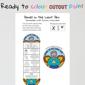 Puede incluir: Una actividad de manualidades descargable titulada "Daniel en el foso de los leones". La imagen muestra una rueda de historias con ilustraciones y texto, incluyendo las palabras "Ready to colour CUTOUT Paint". La manualidad est&aacute; dise&ntilde;ada para recortar, doblar y pegar.