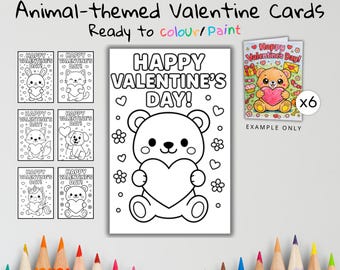 Animal Valentine’s Day Coloring Cards for Kids – Cute Animal Valentines Set of 6 | Printable Classroom Valentines