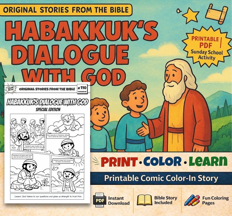 Habakkuk’s Dialogue with God Bible Comic Colouring Page for Kids: listing photo