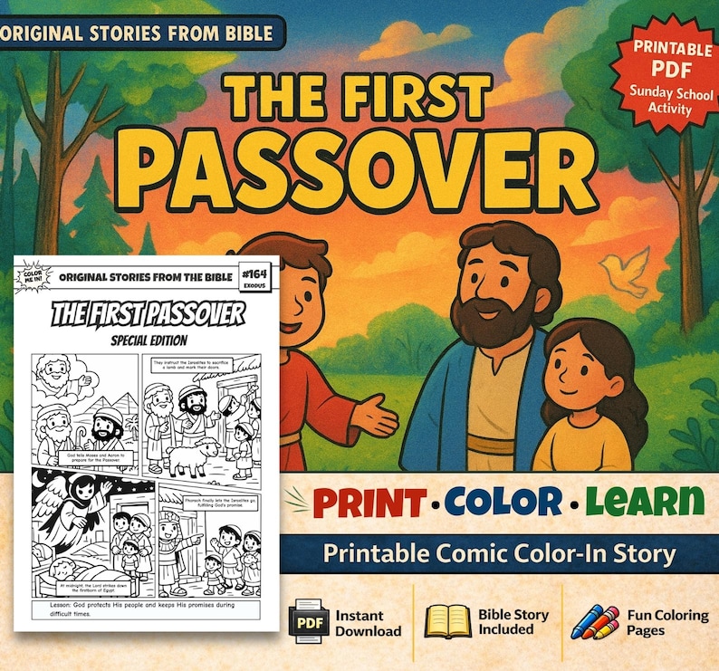 The First Passover Bible Comic Colouring Page: listing photo