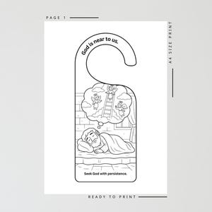 May include: Black and white door hanger with the text "God is near to us." and "Seek God with persistence." A drawing depicts a person sleeping and dreaming of angels ascending a ladder. Ready to print.