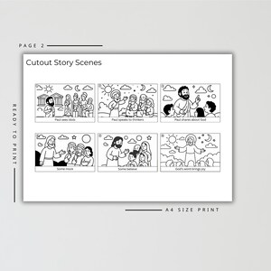 May include: A black and white print featuring six cutout story scenes. The scenes depict biblical figures and events, with text labels such as "Paul sees idols" and "God's word brings joy." The print is labeled "READY TO PRINT" and "A4 SIZE PRINT."