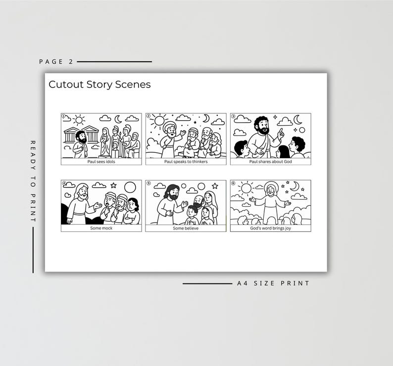 May include: A black and white print featuring six cutout story scenes. The scenes depict biblical figures and events, with text labels such as "Paul sees idols" and "God's word brings joy." The print is labeled "READY TO PRINT" and "A4 SIZE PRINT."