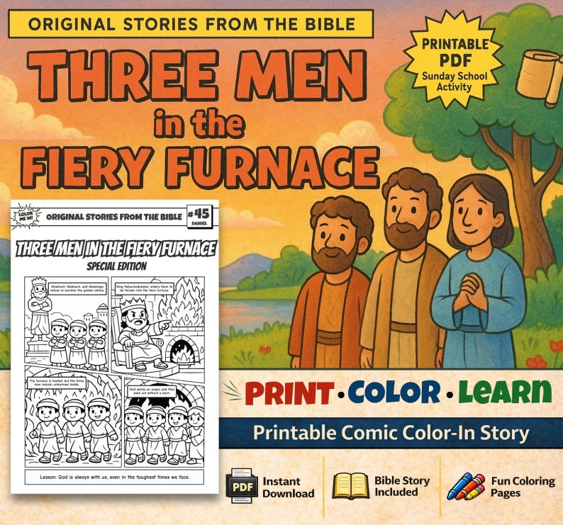 Three Men in the Fiery Furnace Bible Comic Colouring Page for Kids: listing photo