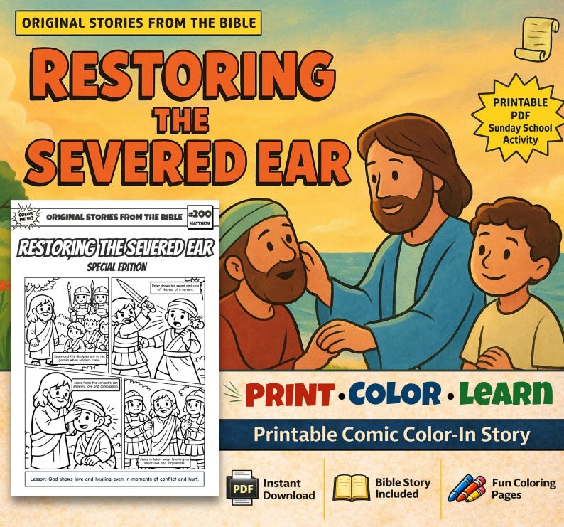 Restoring the Severed Ear Bible Comic Colouring Page: listing photo