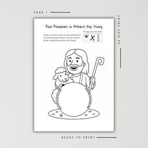 May include: Black and white printable activity sheet titled "Paul Preaches in Athens Flip Story." The illustration features a cartoon of a man with a sheep, holding a staff. Includes instructions and a circle for coloring.