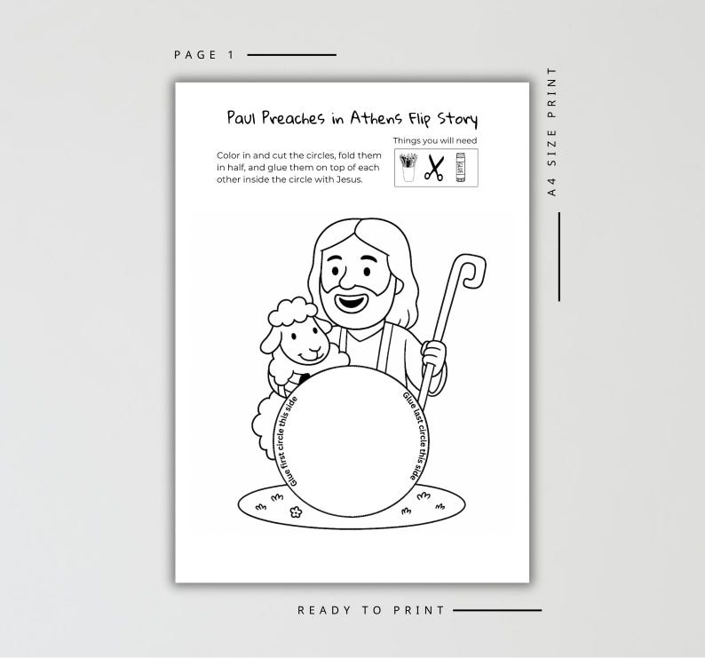 May include: Black and white printable activity sheet titled "Paul Preaches in Athens Flip Story." The illustration features a cartoon of a man with a sheep, holding a staff. Includes instructions and a circle for coloring.