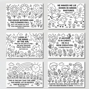 May include: Set of six black and white coloring pages featuring nature scenes and Bible verses. Designs include flowers, sheep, birds, butterflies, and children gardening. Each page has a different inspirational quote.