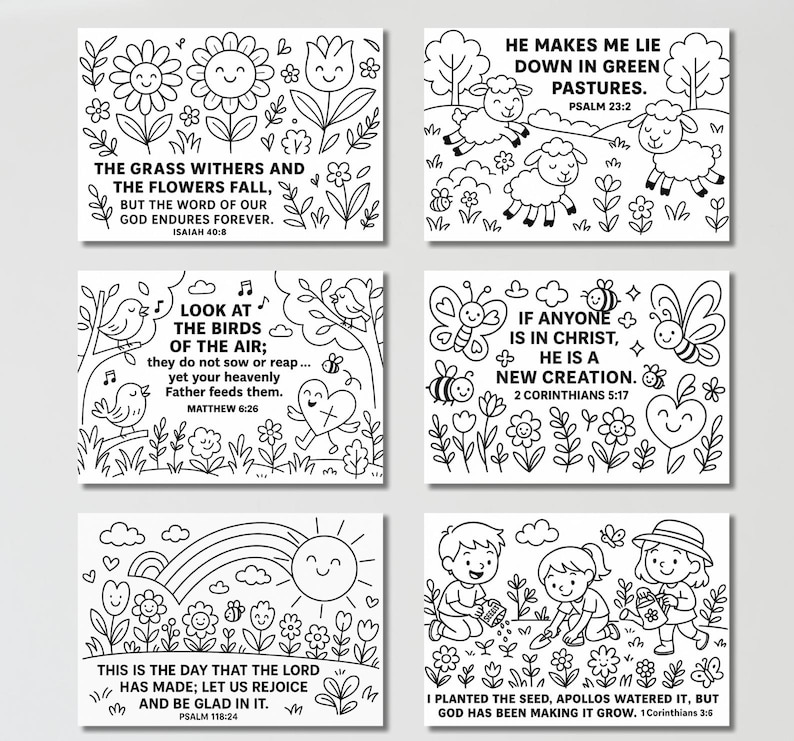 May include: Set of six black and white coloring pages featuring nature scenes and Bible verses. Designs include flowers, sheep, birds, butterflies, and children gardening. Each page has a different inspirational quote.