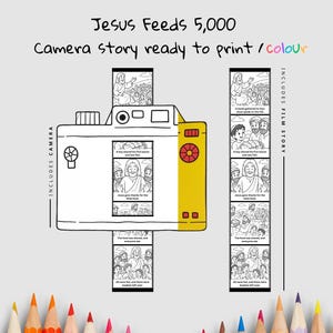 May include: A black and white illustration of a camera with a yellow accent, featuring a story about Jesus feeding 5,000 people. The text on the image reads "Jesus Feeds 5,000" and "Camera story ready to print / colour."