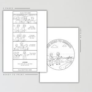 May include: Two-page ready-to-print coloring pages with the text "THE ROAD TO EMMAUS". One page features a comic strip with the text "GLUE TOP HERE" and "GLUE BOTTOM HERE". The other page has a circular illustration of two figures on a road.