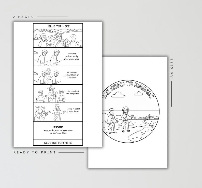 May include: Two-page ready-to-print coloring pages with the text "THE ROAD TO EMMAUS". One page features a comic strip with the text "GLUE TOP HERE" and "GLUE BOTTOM HERE". The other page has a circular illustration of two figures on a road.