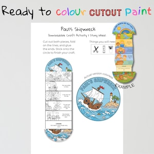 以下が含まれることがあります： 「Paul's Shipwreck」というタイトルのダウンロード可能なクラフトアクティビティの画像。画像には、船、灯台、テキストのイラストが描かれたストーリーホイールが表示されています。テキストは「Ready to colour CUTOUT Paint」と指示です。
