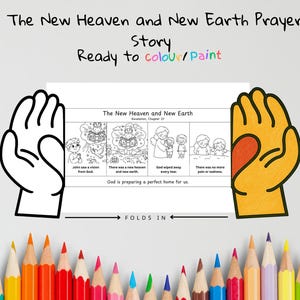 以下が含まれることがあります： 「The New Heaven and New Earth Prayer Story」というタイトルの塗り絵。白黒のイラストは、ヨハネの黙示録21章のシーンを描いています。「Ready to colour/paint」というテキストと、色鉛筆が並んでいます。