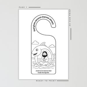 May include: Black and white door hanger with a fish illustration. The design includes the text "God gives second chances always." and "Jonah turns back to God inside the big fish."