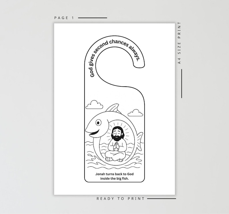 May include: Black and white door hanger with a fish illustration. The design includes the text "God gives second chances always." and "Jonah turns back to God inside the big fish."