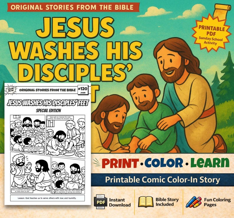 Jesus Washes His Disciples’ Feet Bible Comic Colouring Page for Kids: listing photo
